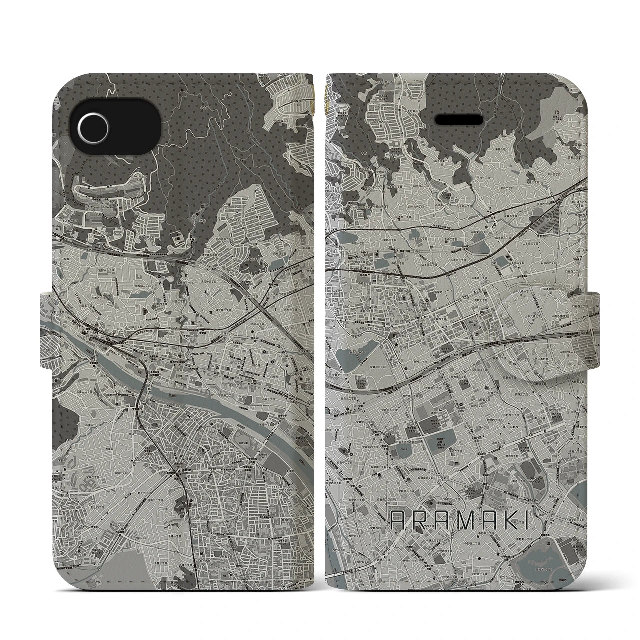 【荒牧】地図柄iPhoneケース（手帳両面タイプ・モノトーン）iPhone SE（第3 / 第2世代） / 8 / 7 / 6s / 6 用