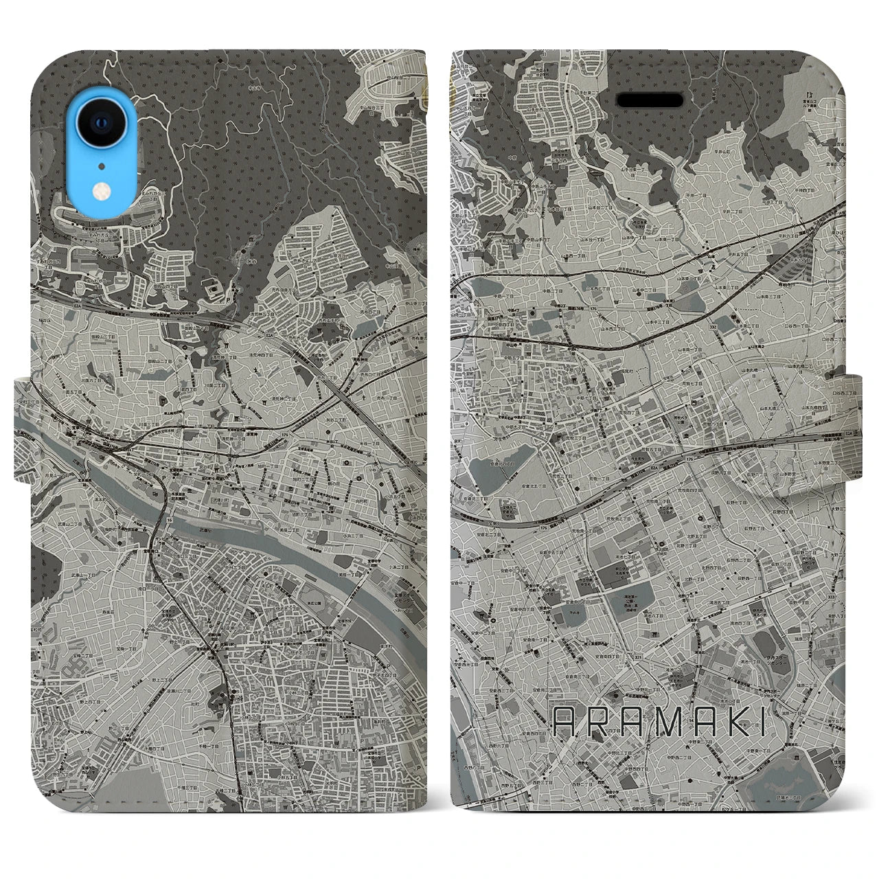 【荒牧】地図柄iPhoneケース（手帳両面タイプ・モノトーン）iPhone XR 用