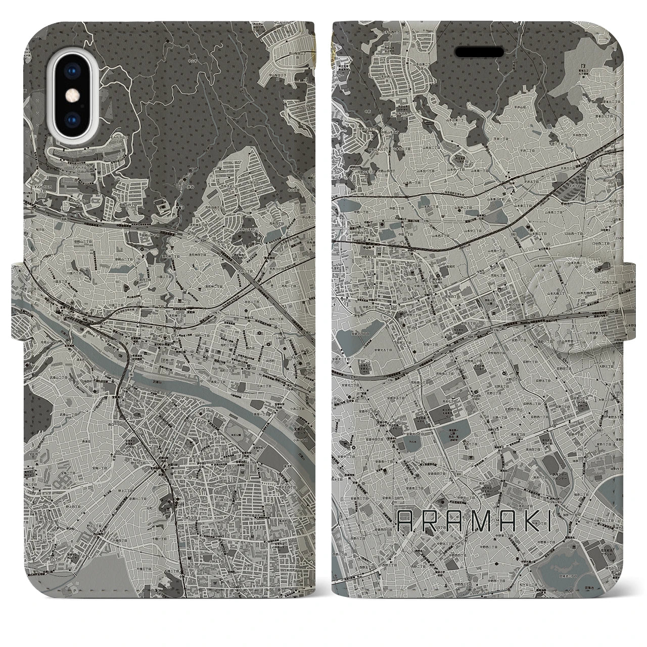【荒牧】地図柄iPhoneケース（手帳両面タイプ・モノトーン）iPhone XS Max 用