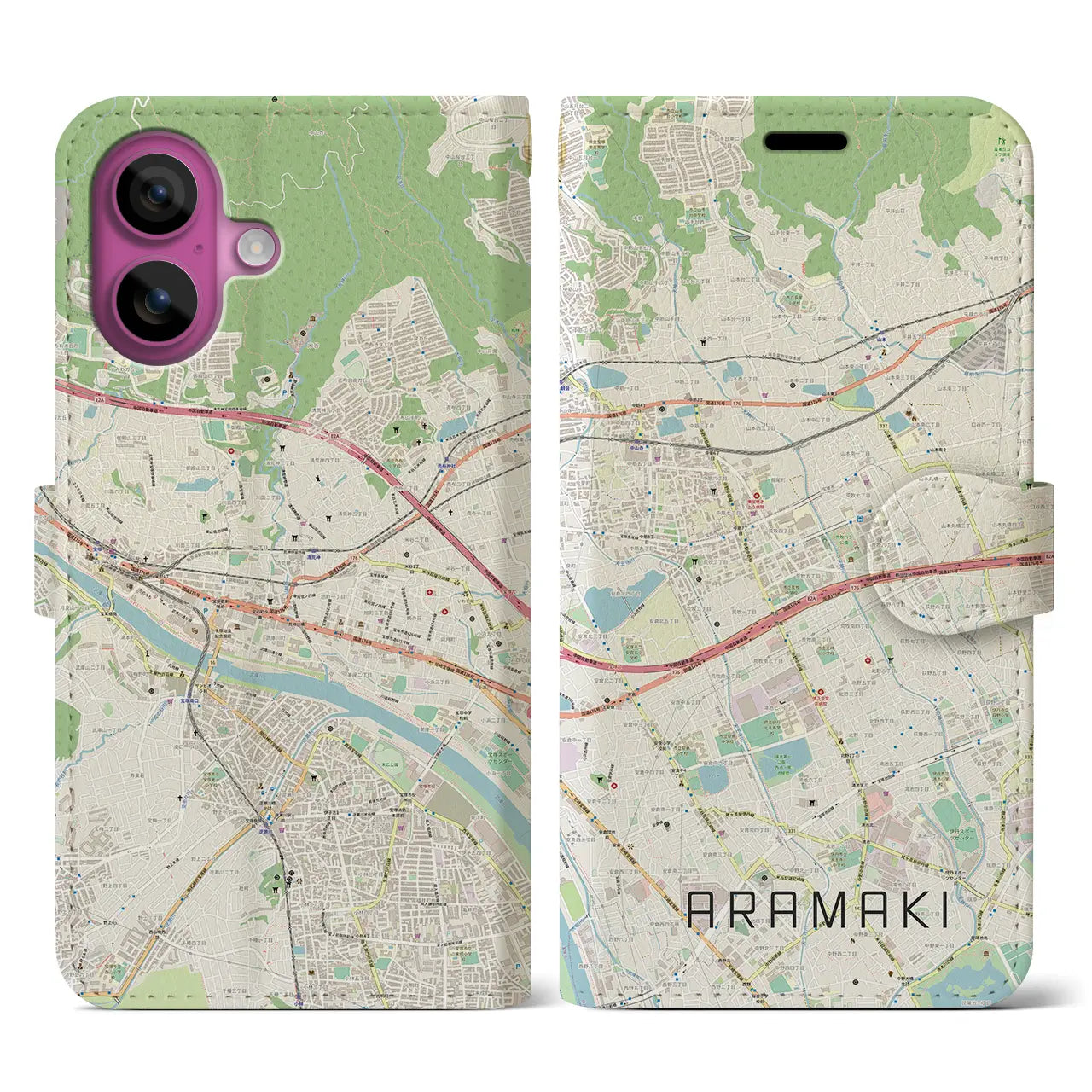 【荒牧（兵庫県）】地図柄iPhoneケース（手帳タイプ）ナチュラル・iPhone 16 Pro 用