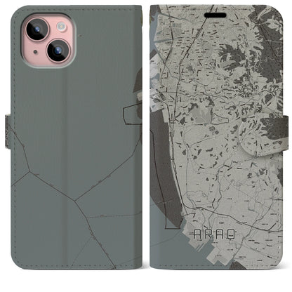 【荒尾（熊本県）】地図柄iPhoneケース（手帳タイプ）モノトーン・iPhone 15 Plus 用