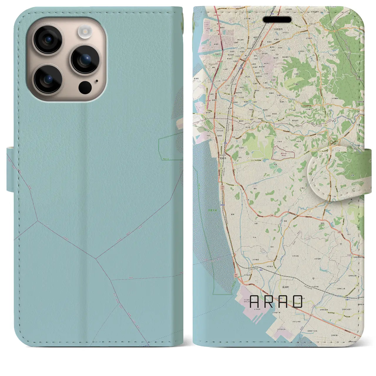 【荒尾（熊本県）】地図柄iPhoneケース（手帳タイプ）ナチュラル・iPhone 16 Plus 用