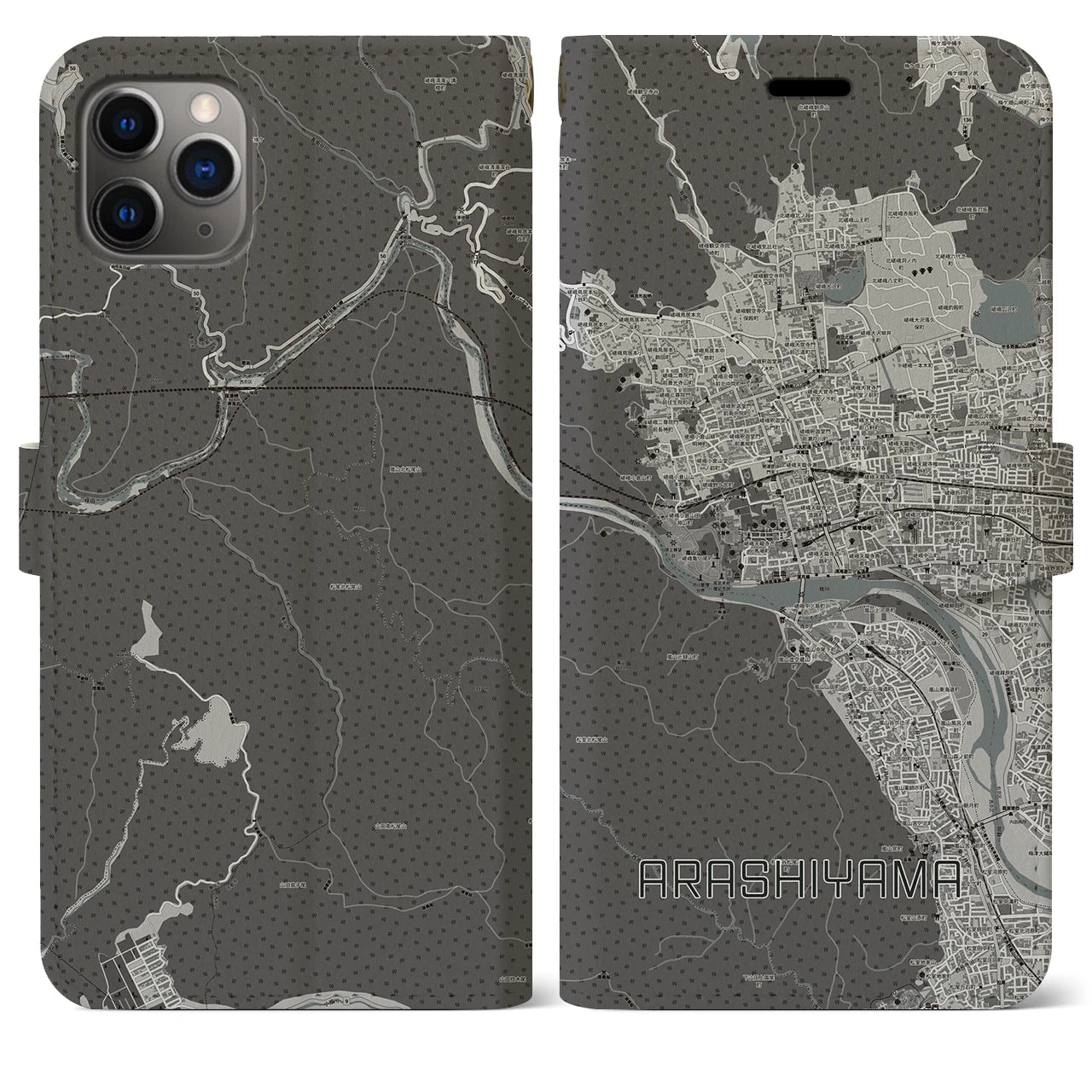 【嵐山】地図柄iPhoneケース（手帳両面タイプ・モノトーン）iPhone 11 Pro Max 用