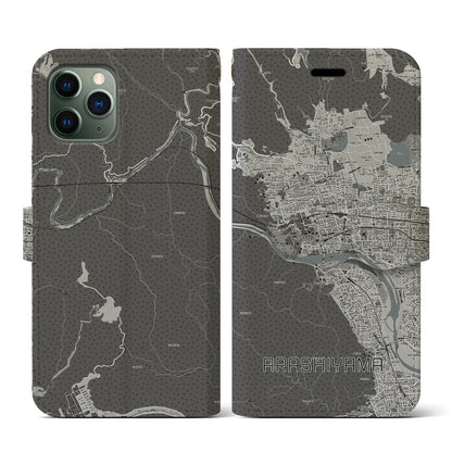 【嵐山（京都府）】地図柄iPhoneケース（手帳タイプ）モノトーン・iPhone 11 Pro 用