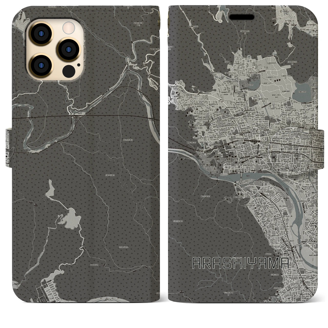 【嵐山】地図柄iPhoneケース（手帳両面タイプ・モノトーン）iPhone 12 Pro Max 用