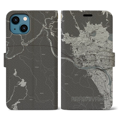 【嵐山（京都府）】地図柄iPhoneケース（手帳タイプ）モノトーン・iPhone 13 用