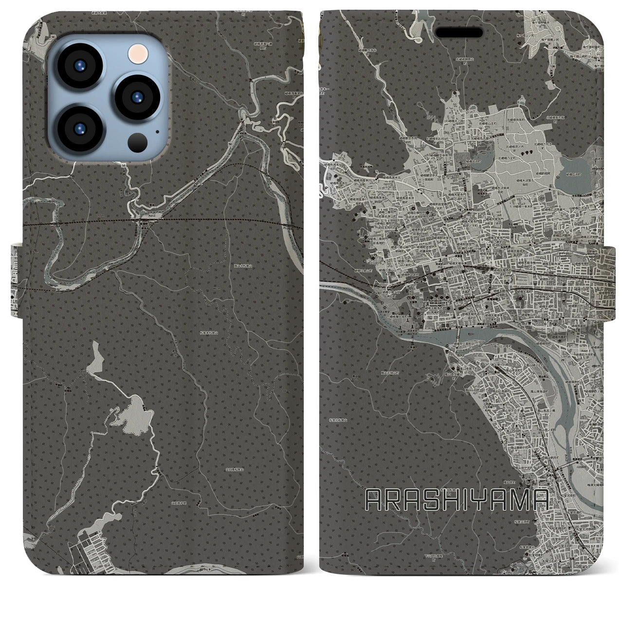 【嵐山】地図柄iPhoneケース（手帳両面タイプ・モノトーン）iPhone 13 Pro Max 用