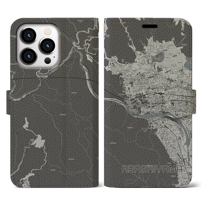 【嵐山（京都府）】地図柄iPhoneケース（手帳タイプ）モノトーン・iPhone 13 Pro 用