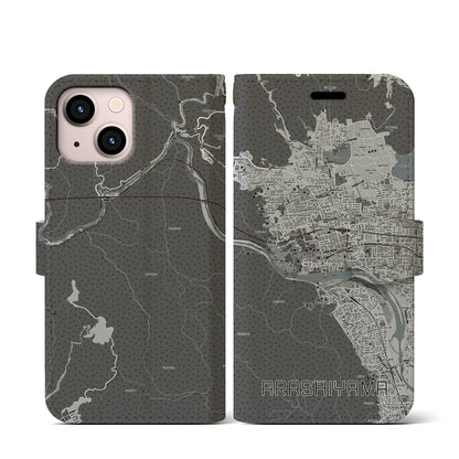 【嵐山（京都府）】地図柄iPhoneケース（手帳タイプ）モノトーン・iPhone 13 mini 用