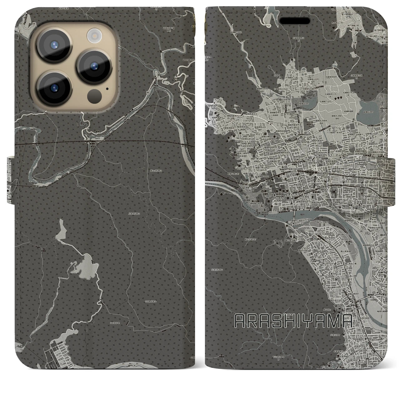 【嵐山】地図柄iPhoneケース（手帳両面タイプ・モノトーン）iPhone 14 Pro Max 用