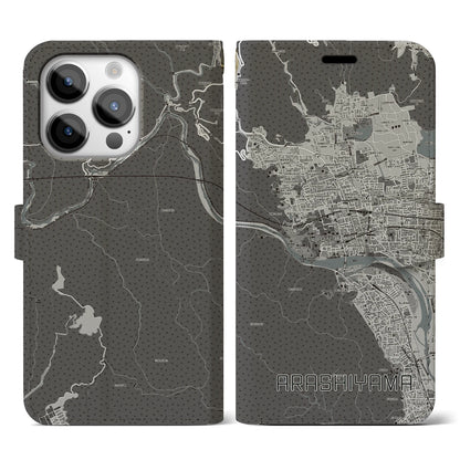 【嵐山（京都府）】地図柄iPhoneケース（手帳タイプ）モノトーン・iPhone 14 Pro 用