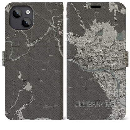 【嵐山（京都府）】地図柄iPhoneケース（手帳タイプ）モノトーン・iPhone 14 Plus 用