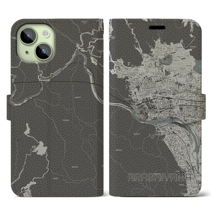 【嵐山（京都府）】地図柄iPhoneケース（手帳タイプ）モノトーン・iPhone 15 用
