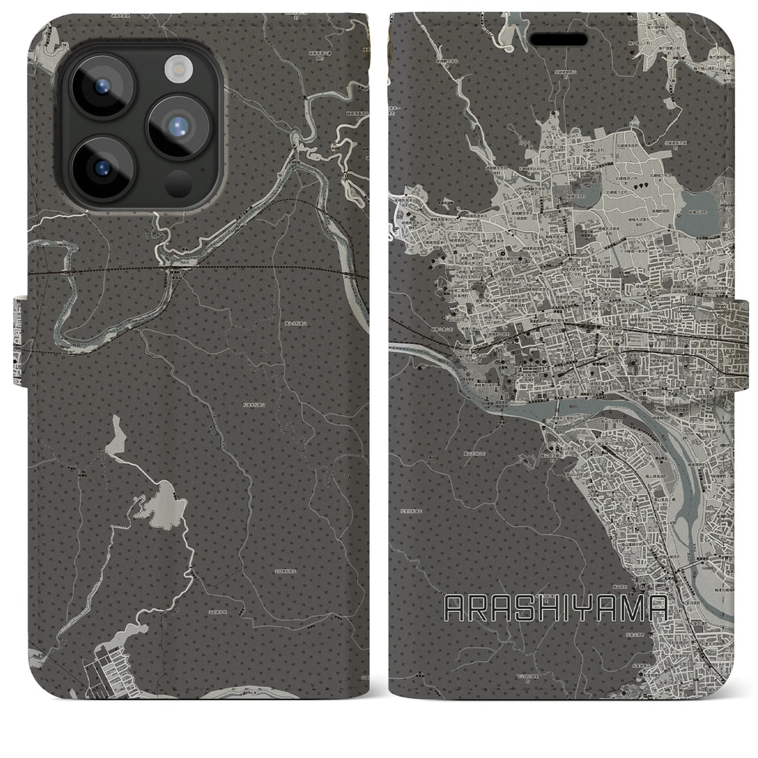【嵐山】地図柄iPhoneケース（手帳両面タイプ・モノトーン）iPhone 15 Pro Max 用