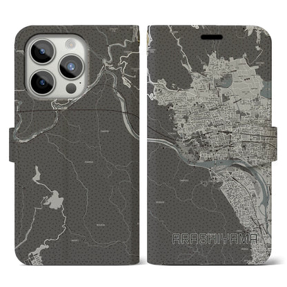 【嵐山（京都府）】地図柄iPhoneケース（手帳タイプ）モノトーン・iPhone 15 Pro 用