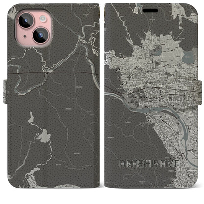 【嵐山（京都府）】地図柄iPhoneケース（手帳タイプ）モノトーン・iPhone 15 Plus 用