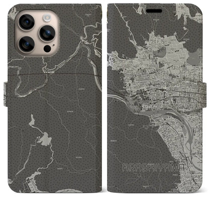 【嵐山（京都府）】地図柄iPhoneケース（手帳タイプ）モノトーン・iPhone 16 Plus 用