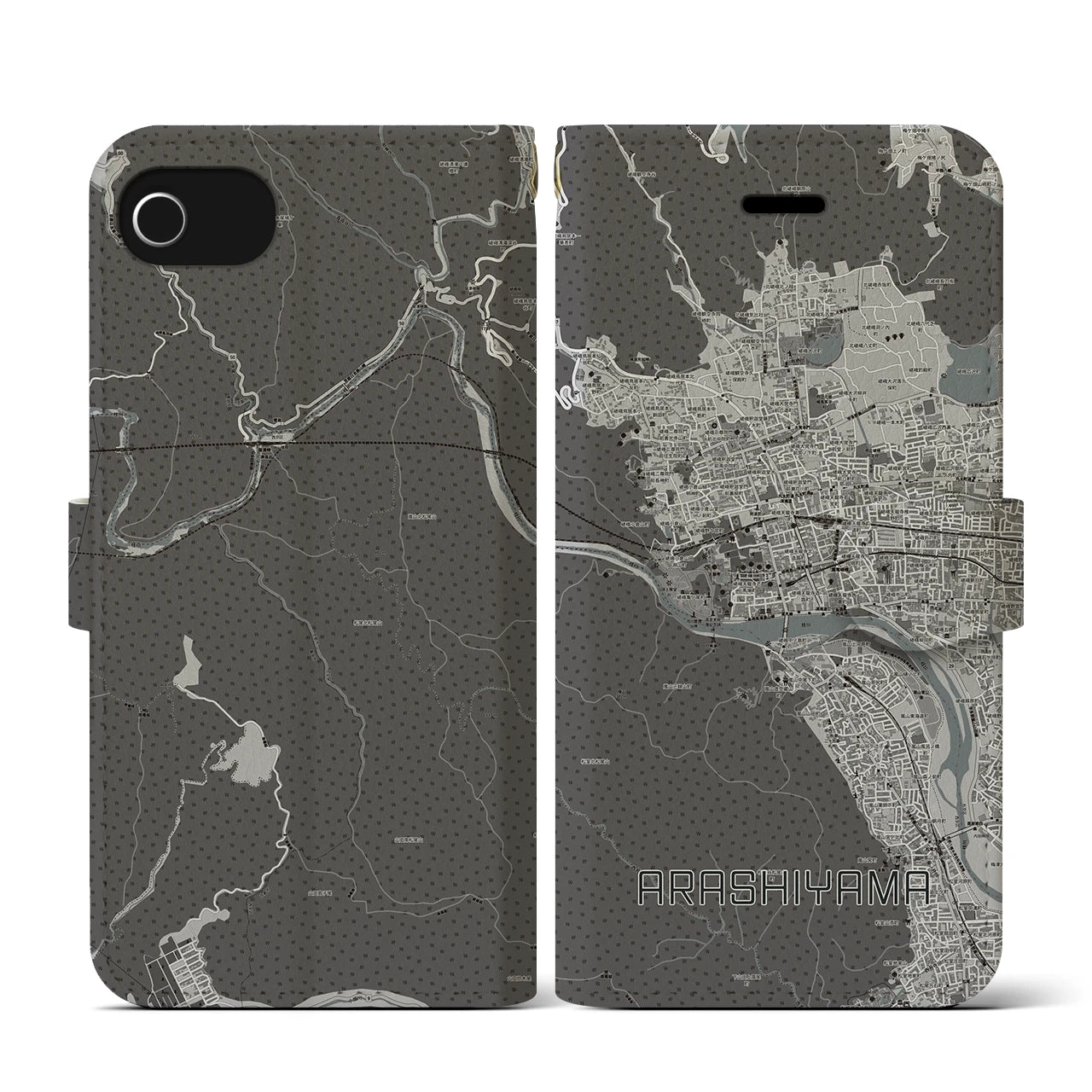 【嵐山】地図柄iPhoneケース（手帳両面タイプ・モノトーン）iPhone SE（第3 / 第2世代） / 8 / 7 / 6s / 6 用