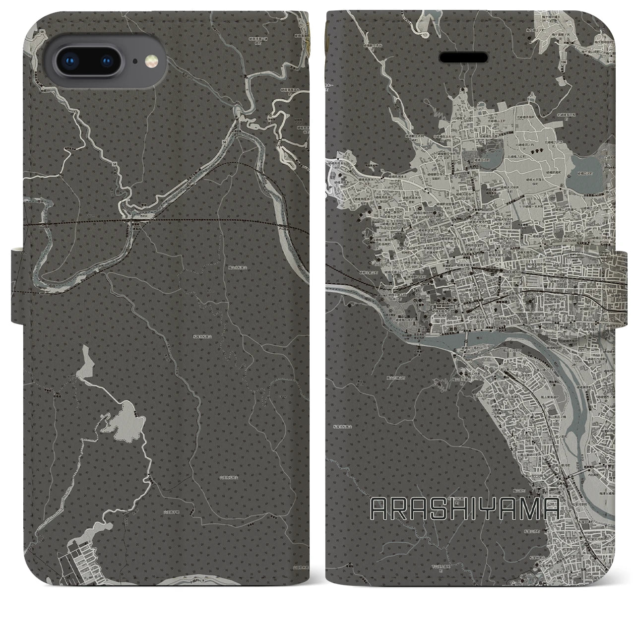 【嵐山】地図柄iPhoneケース（手帳両面タイプ・モノトーン）iPhone 8Plus /7Plus / 6sPlus / 6Plus 用