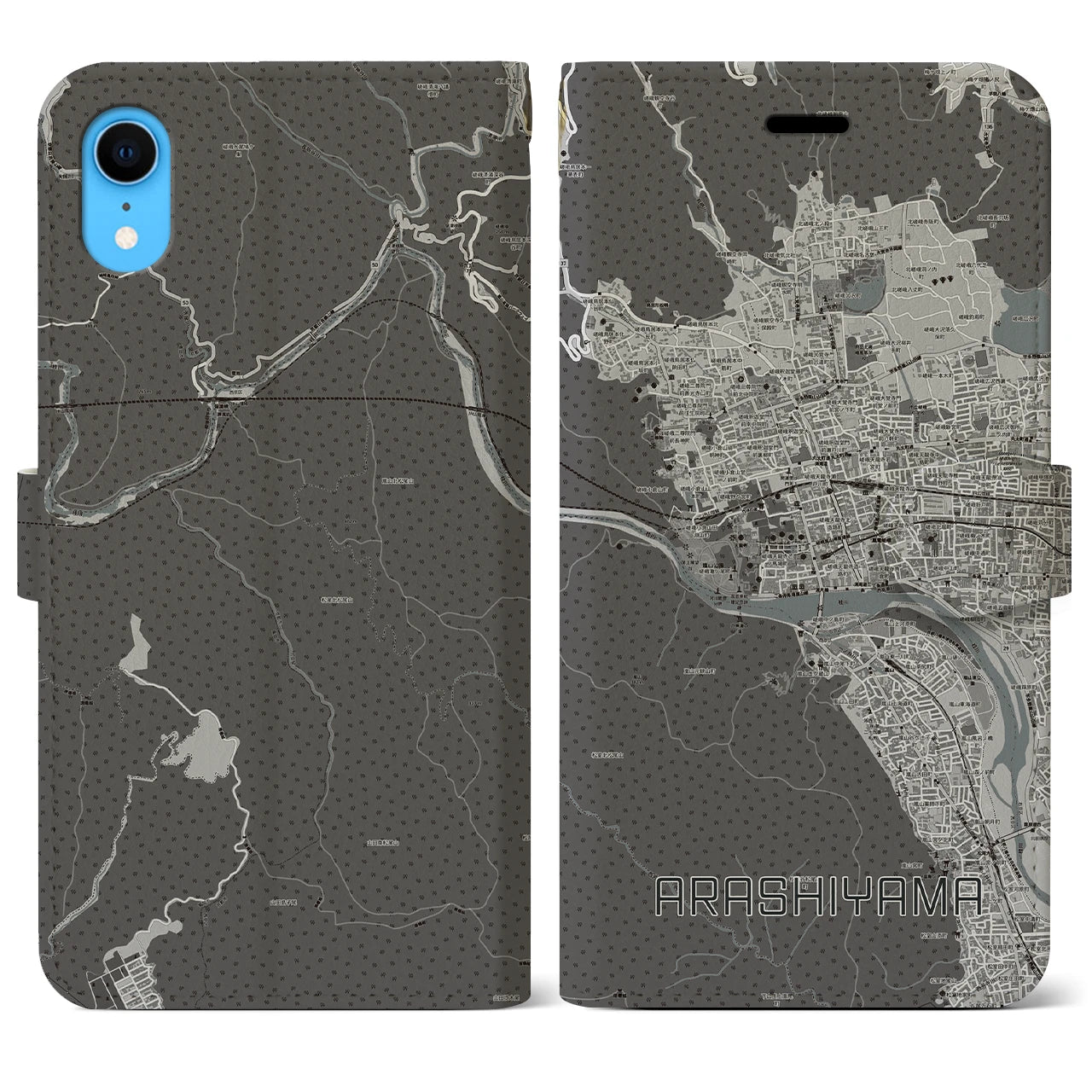 【嵐山】地図柄iPhoneケース（手帳両面タイプ・モノトーン）iPhone XR 用