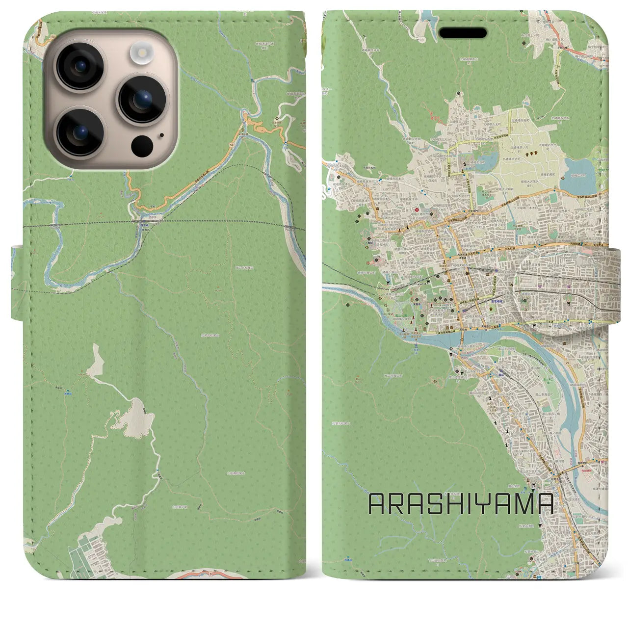 【嵐山（京都府）】地図柄iPhoneケース（手帳タイプ）ナチュラル・iPhone 16 Plus 用