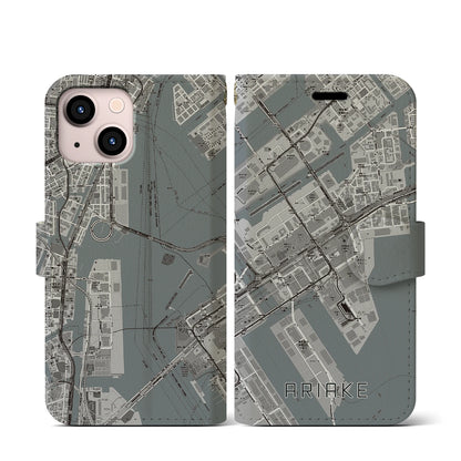 【有明（東京都）】地図柄iPhoneケース（手帳タイプ）モノトーン・iPhone 13 mini 用