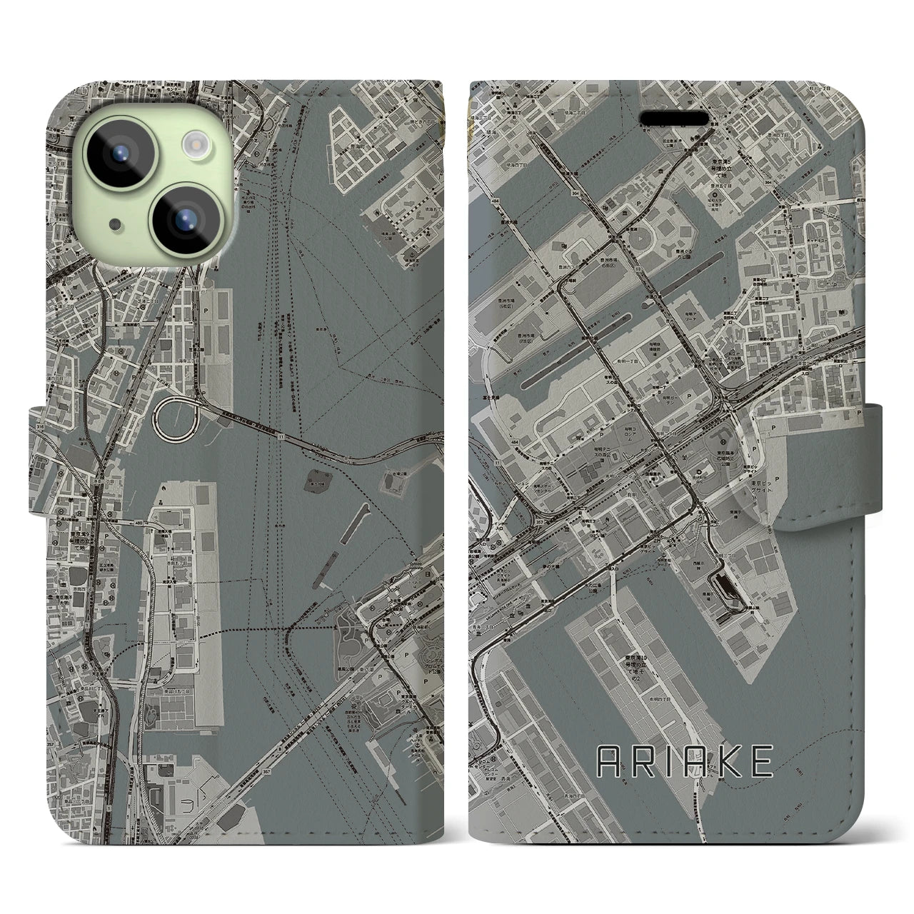 【有明】地図柄iPhoneケース（手帳両面タイプ・モノトーン）iPhone 15 用