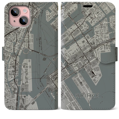 【有明（東京都）】地図柄iPhoneケース（手帳タイプ）モノトーン・iPhone 15 Plus 用