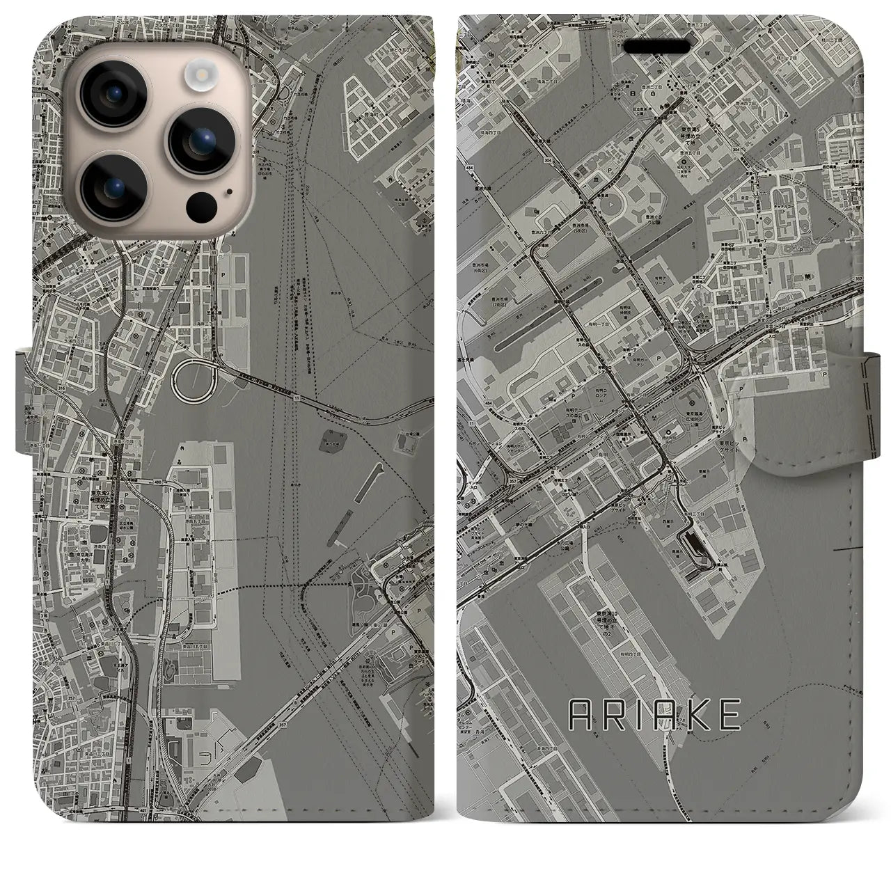 【有明（東京都）】地図柄iPhoneケース（手帳タイプ）モノトーン・iPhone 16 Plus 用