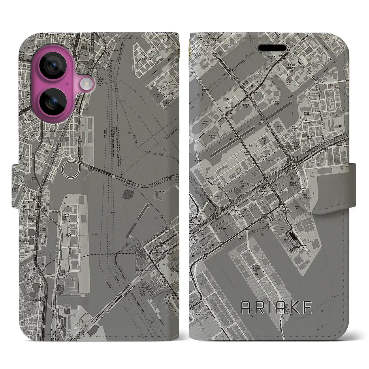 【有明（東京都）】地図柄iPhoneケース（手帳タイプ）モノトーン・iPhone 16 Pro 用