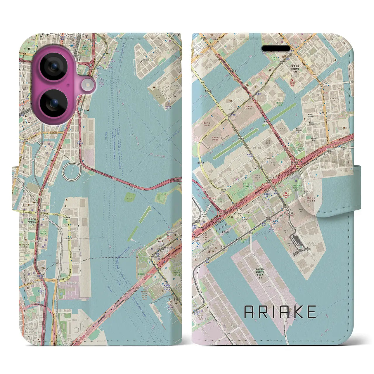 【有明（東京都）】地図柄iPhoneケース（手帳タイプ）ナチュラル・iPhone 16 Pro 用