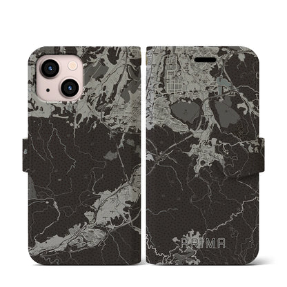 【有馬（兵庫県）】地図柄iPhoneケース（手帳タイプ）モノトーン・iPhone 13 mini 用