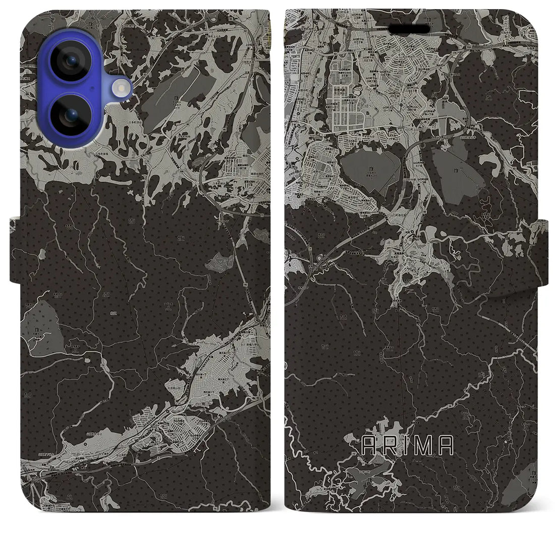 【有馬(兵庫県)】地図柄iPhoneケース(手帳タイプ)モノトーン・iPhone 16 Pro Max 用