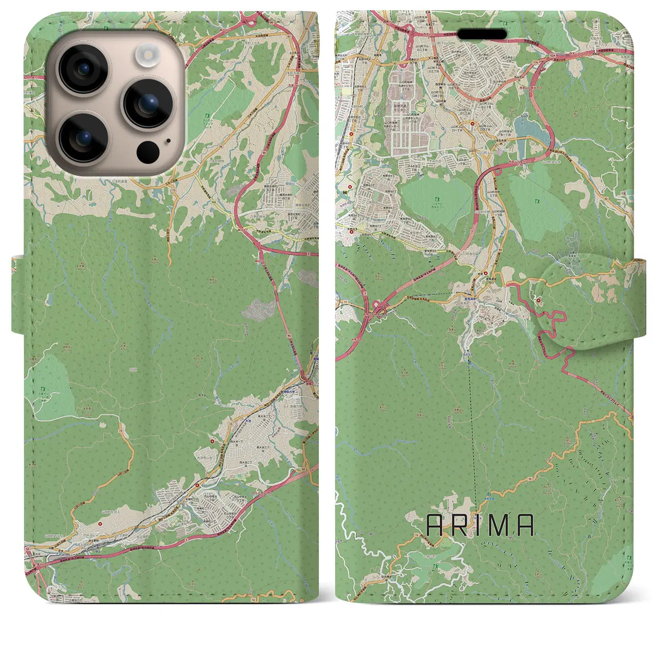 【有馬（兵庫県）】地図柄iPhoneケース（手帳タイプ）ナチュラル・iPhone 16 Plus 用