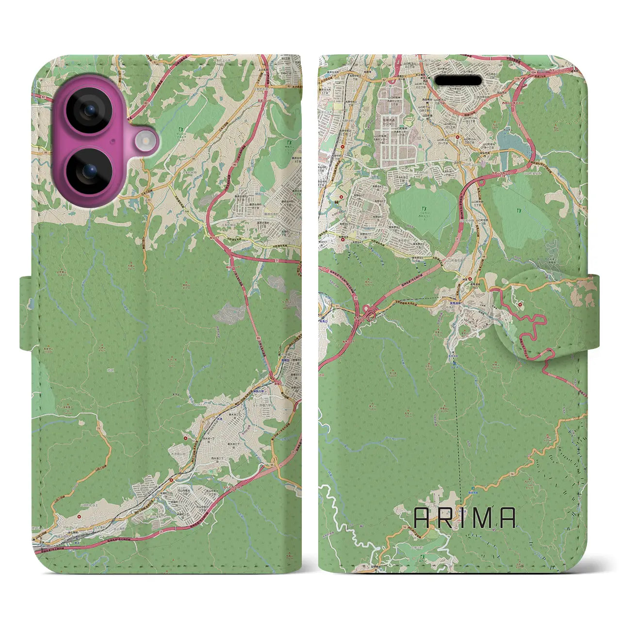 【有馬（兵庫県）】地図柄iPhoneケース（手帳タイプ）ナチュラル・iPhone 16 Pro 用