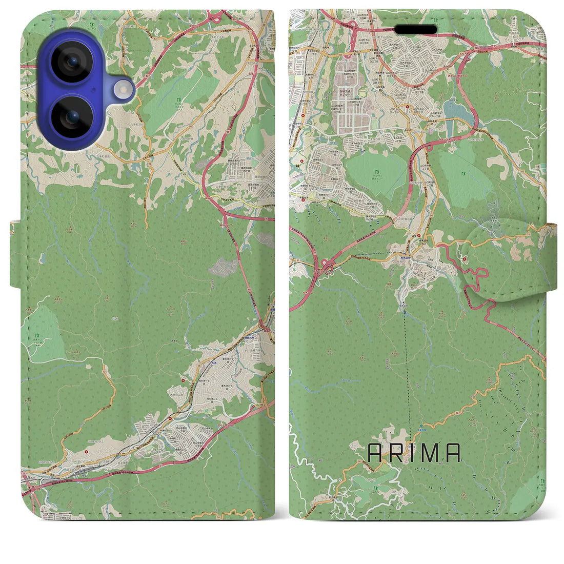 【有馬（兵庫県）】地図柄iPhoneケース（手帳タイプ）ナチュラル・iPhone 16 Pro Max 用