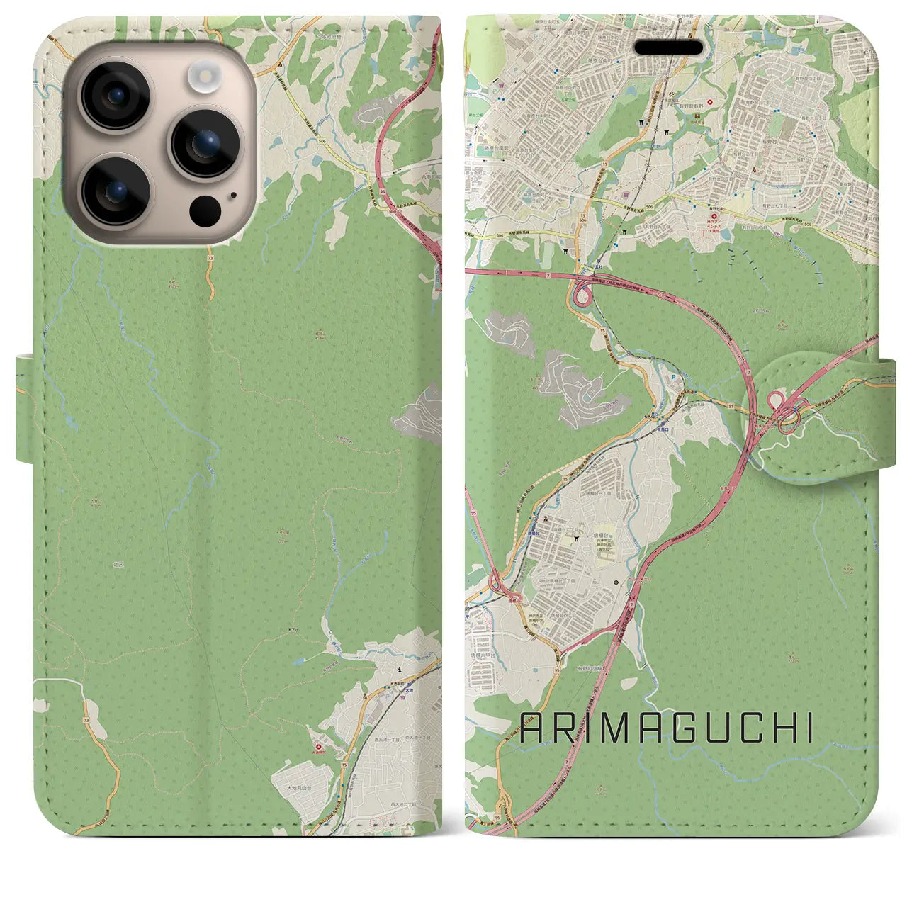 【有馬口（兵庫県）】地図柄iPhoneケース（手帳タイプ）ナチュラル・iPhone 16 Plus 用