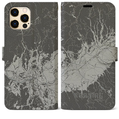 【あさぎり（熊本県）】地図柄iPhoneケース（手帳タイプ）モノトーン・iPhone 12 Pro Max 用