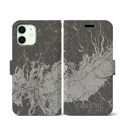 【あさぎり（熊本県）】地図柄iPhoneケース（手帳タイプ）モノトーン・iPhone 12 mini 用