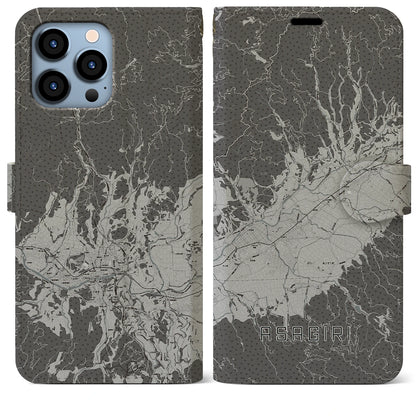 【あさぎり（熊本県）】地図柄iPhoneケース（手帳タイプ）モノトーン・iPhone 13 Pro Max 用