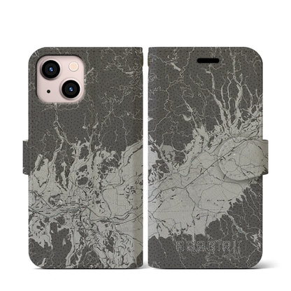 【あさぎり（熊本県）】地図柄iPhoneケース（手帳タイプ）モノトーン・iPhone 13 mini 用
