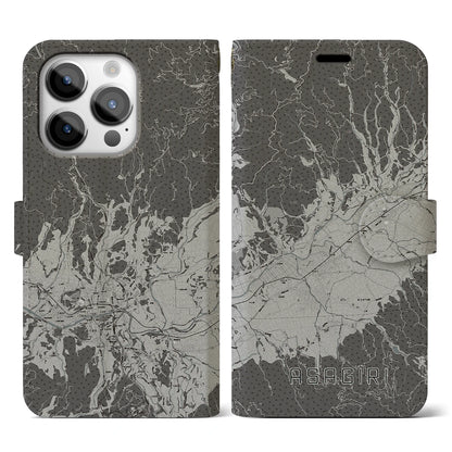 【あさぎり（熊本県）】地図柄iPhoneケース（手帳タイプ）モノトーン・iPhone 14 Pro 用