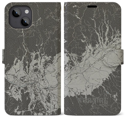 【あさぎり（熊本県）】地図柄iPhoneケース（手帳タイプ）モノトーン・iPhone 14 Plus 用