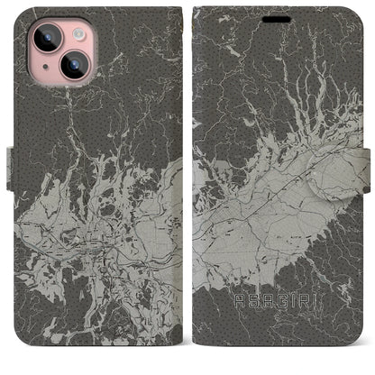 【あさぎり（熊本県）】地図柄iPhoneケース（手帳タイプ）モノトーン・iPhone 15 Plus 用