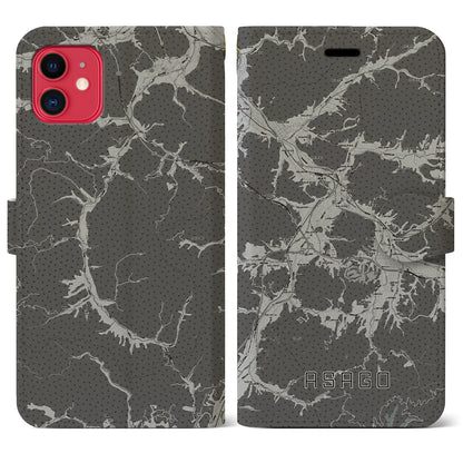 【朝来（兵庫県）】地図柄iPhoneケース（手帳タイプ）モノトーン・iPhone 11 用