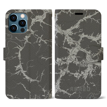 【朝来（兵庫県）】地図柄iPhoneケース（手帳タイプ）モノトーン・iPhone 12 / 12 Pro 用