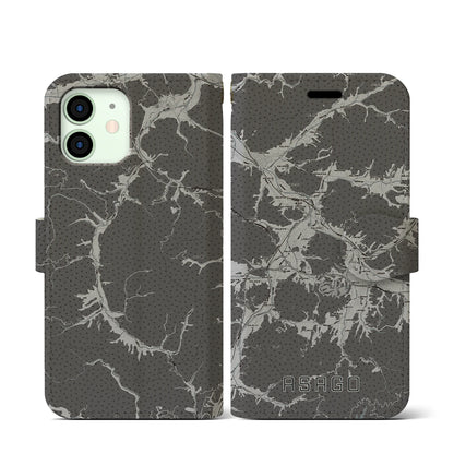 【朝来（兵庫県）】地図柄iPhoneケース（手帳タイプ）モノトーン・iPhone 12 mini 用