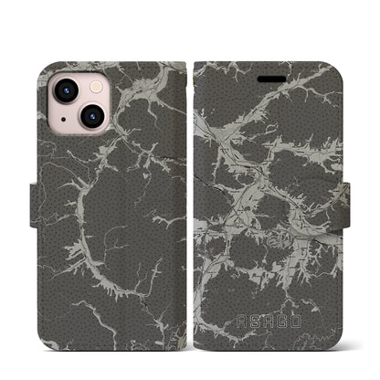 【朝来（兵庫県）】地図柄iPhoneケース（手帳タイプ）モノトーン・iPhone 13 mini 用