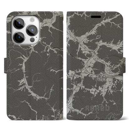 【朝来（兵庫県）】地図柄iPhoneケース（手帳タイプ）モノトーン・iPhone 14 Pro 用