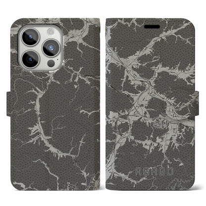 【朝来（兵庫県）】地図柄iPhoneケース（手帳タイプ）モノトーン・iPhone 15 Pro 用